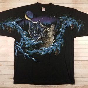 VTG 90s Wolves Howling At Moon All Over Print Tee